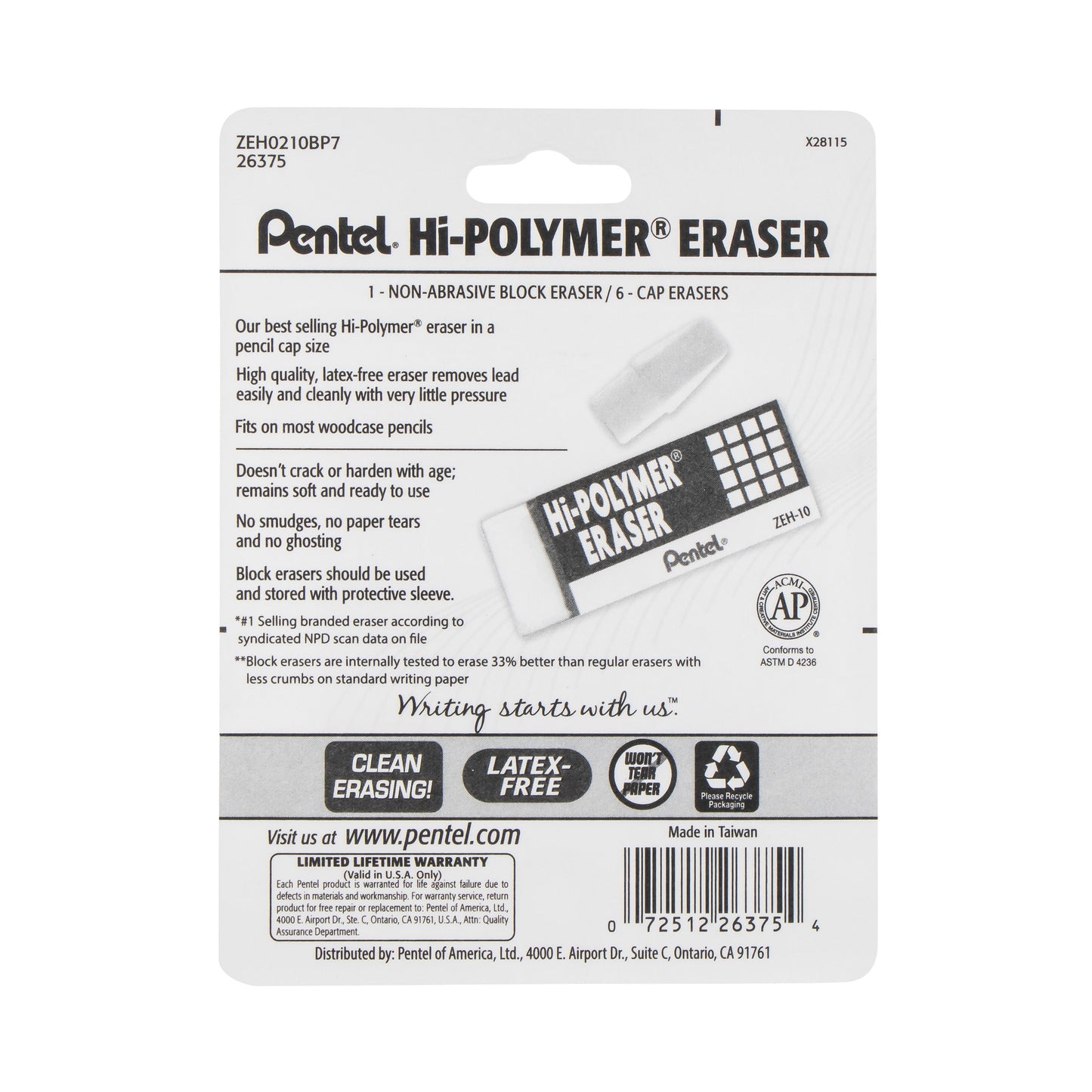Hi-Polymer Eraser White Assorted Pack (1-large block, 6-caps), 7-Pk (ZEH0210BP7)
