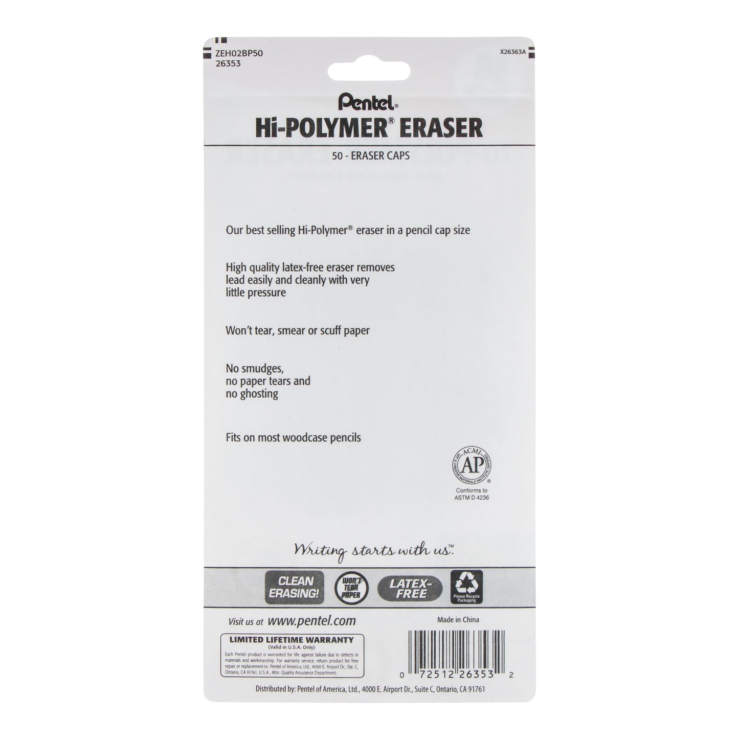 Hi-Polymer Cap Erasers, White 50-Pk (ZEH02BP50)