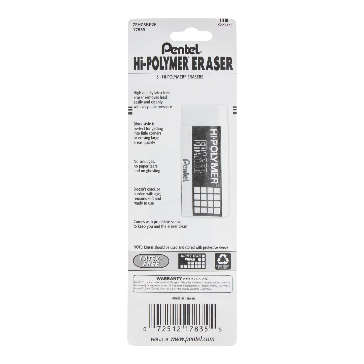 Hi-Polymer Block Eraser Small White, 3-Pk (ZEH05BP2F)