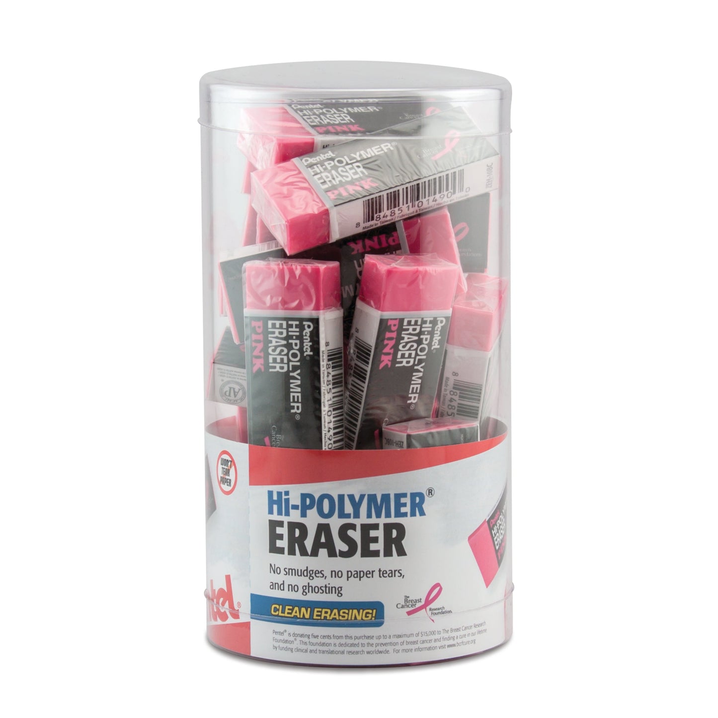 PINK BCA Hi-Polymer Eraser, Large Pink Block Eraser, Canister Display - 24 Pieces (ZEH10BC-2)
