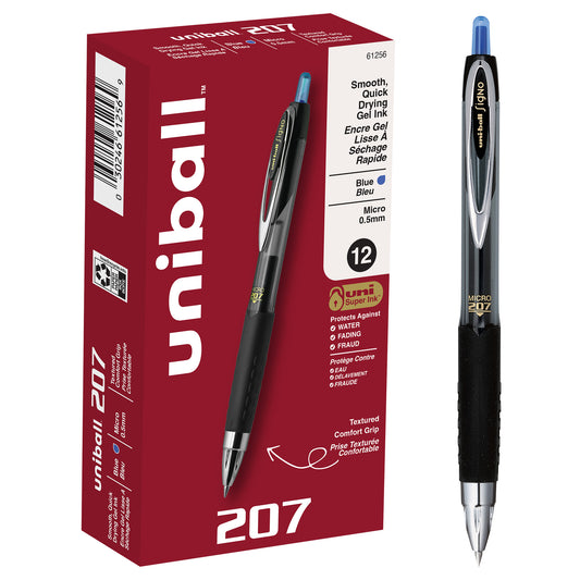 uniball™ 207 Retractable Gel Pens, Micro Point (0.5mm), Blue, 12 Pack